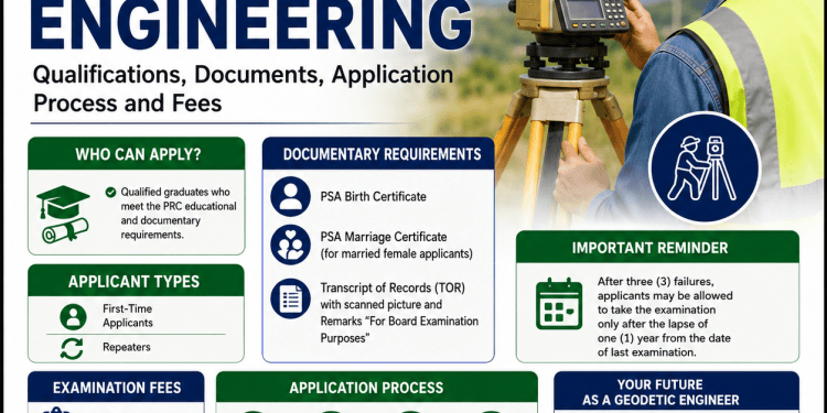 PRC List of Requirements for Geodetic Engineering featuring documentary requirements, qualifications, application process, examination fees, and eligibility for the Geodetic Engineers Licensure Examination in the Philippines.